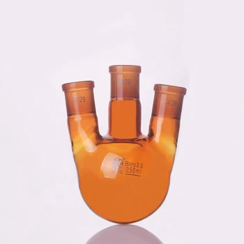 Kahverengi Üç boyunlu şişe düz şekil, üç boyunlu standart taşlama ağzı, 250 ml, Orta eklem 24/29, yanal eklem 24/29