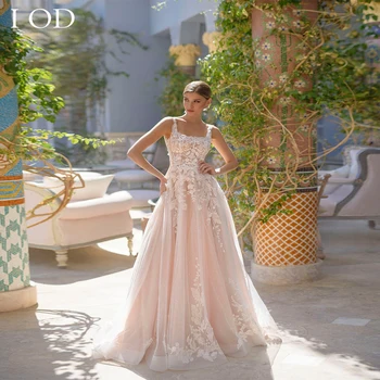 I OD 2023 Zarif Tül Aplikler Bir Çizgi düğün elbisesi Kare Yaka Spagetti Sapanlar Düğme Geri Vestidos De Novia