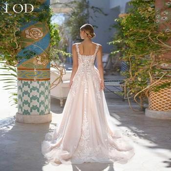 I OD 2023 Zarif Tül Aplikler Bir Çizgi düğün elbisesi Kare Yaka Spagetti Sapanlar Düğme Geri Vestidos De Novia