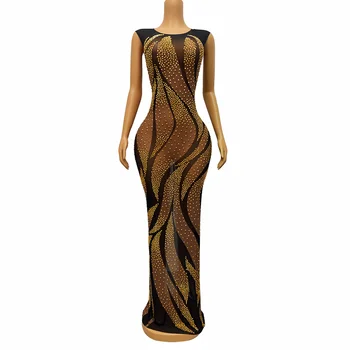 Sparkly Altın Rhinestones Kahverengi Örgü Kolsuz uzun elbise Doğum Günü Kutlamak Streç Kostüm Akşam Dans Giyim Xiangweishe