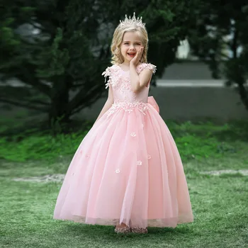 Yeni çocuk Elbise Prenses Elbise İşlemeli Çiçek Aç Geri Büyük Yay Çiçek çocuk düğün elbisesi Ev Sahibi Kızların Yürüyüş Gösterisi D