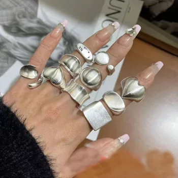 925 Ayar Gümüş Geometrik Kalp Shinning Yüzükler Kadınlar İçin Basit Kore Moda Açık Ayarlanabilir El Yapımı Yüzük Çift Hediyeler