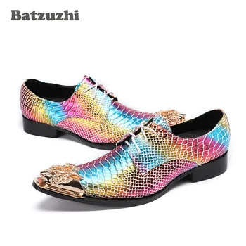 Batzuzhi Renkli Deri erkek Elbise Ayakkabı Erkekler Punk Rock Altın Metal Ayak Kişilik Parti ve Düğün Ayakkabı Erkekler için, EU38-46