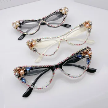 Kedi göz gözlük çerçeve kadın Anti mavi ışık gözlük elmas el yapımı Vintage gözlük Retro kadın marka tasarımcı gözlük