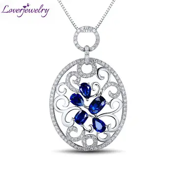 LOVERJEWELRY Hakiki Mavi Safir Takılar Katı 18Kt Beyaz Altın Küme Yüzen Kolye Kolye Takı Kadınlar için Lüks Mücevher