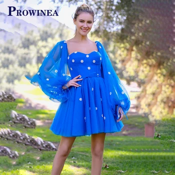 Prowinea Pastrol Puf Kollu Sevgiliye Backless Fermuar Abiye Diz Boyu Düğün İçin Mavi Çiçek Baskı Abendkleider