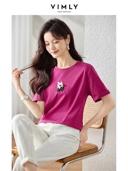 Vimly Çiçekler Çim Nakış Yaz T Gömlek Kadınlar Kızlar için 2023 Basit Tee Gömlek Casual Gevşek Kısa Kollu 100 % pamuklu üst giyim