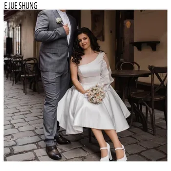 E JUE SHUNG Yeni Kısa Saten Gelinlik Bir Omuz Uzun Kollu Ayak Bileği Uzunluğu Aplikler Boho gelinlikler vestido de novia
