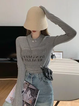 Deeptown Vintage Mektubu Baskı T Shirt Kadın Kore Streetwear Tops Grunge Rahat Dip Gömlek Uzun Kollu Tees İlkbahar Sonbahar