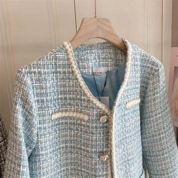 Kore Tek Göğüslü nostaljik tüvit Ceket Kadınlar Mavi Zarif Şık Bahar Kısa Palto Streetwear Dış Giyim Düğme Uzun Kollu Üst