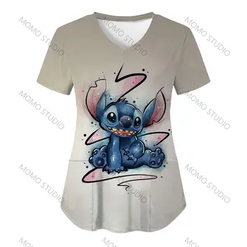 Lilo ve Dikiş Cep Y2k Yaz Giyim V Boyun Disney T-shirt Kadın T-Shirt Hastane hemşire üniforması Yeni Üniforma Cep Boyun Y2k