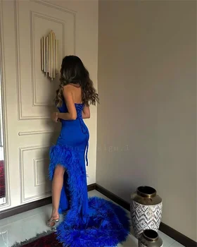 Kraliyet Mavi Yüksek Yan Yarık Parlak Kristaller Akşam Elbise Kolsuz Bir Çizgi Tüy Dubai Parti Gece Elbiseleri Robe De Soirée 2023