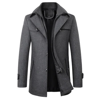 2023 Bahar erkek Rahat Yün Trençkot Karışımları Ceket İş Orta Uzun Düz Renk Kalınlaşmak İnce Rüzgarlık Sıcak Palto Ceket