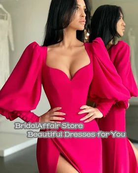 BridalAffair Gül Kırmızı Yan Bölünmüş balo kıyafetleri Tam Kollu Abiye Sevgiliye Parti Kıyafeti Modası Kıyafetler Custom Made