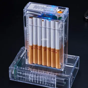 2023 Sigara Kutusu Çakmak Hepsi Bir Arada Makine Şarj Yaratıcılık Şeffaf Otomatik Sigara Kutusu 20 Paket