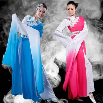 Yeni Çin Halk Dansları Klasik Dans Kostümleri Jing Hong Performans Giyim Su Kollu Yangko Dans Kostümleri