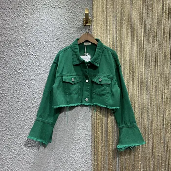 Vintage Yeşil Yıpranmış Çapak Kısa Denim Ceket Sonbahar 2023 Harajuku Yaka Uzun Kollu Kadın Kot Ceket Rahat Jaqueta Feminina
