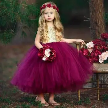 Gerçek Mor Tül Pullu Sparkly Çiçek Kız Elbise Doğum Günü Communion Elbise De Demoiselle Prenses Bebek Parti Custom Made