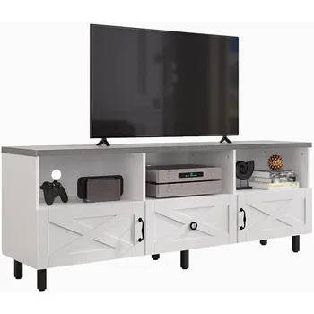 DEXTRUS Modern TV standı için 70/65/60/55 inç, Boho Ahşap TV masası Çiftlik Evi Medya Konsolu depolama dolabı ve Açık Raflar