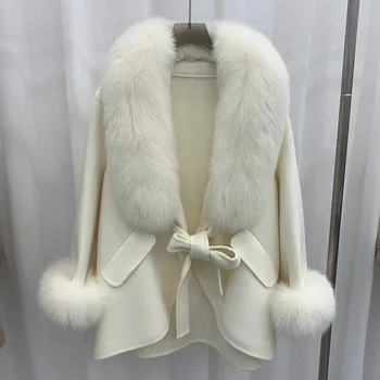 Kadın Gerçek Yün Ceket 2023 Yeni Bayan Moda kaşmir Palto Gerçek Tilki Kürk Yaka Giyim DM5795