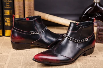 Kırmızı moda yüksek top düğün hakiki deri ayakkabı erkek için zincir chelsea çizmeler yüksekliği artan erkek kauçuk yağmur çizmeleri iş ayakkabısı