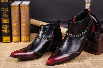 Kırmızı moda yüksek top düğün hakiki deri ayakkabı erkek için zincir chelsea çizmeler yüksekliği artan erkek kauçuk yağmur çizmeleri iş ayakkabısı