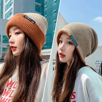 Yün Kap kadın Sonbahar ve Kış Kore Tarzı Tüm Eşleşen Düz Etiketleme Sıcak Bere Şapka Siyah Yün örgü şapkalar Kadınlar için