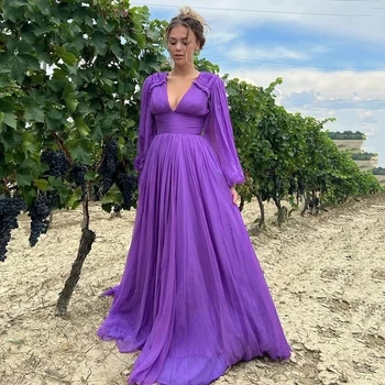 ANGELSBRIDEP V Yaka Uzun Kollu Akşam Partisi Törenlerinde Vestidos De Festa Moda Pleats Kat-Uzunluk Şifon Balo Elbise sıcak