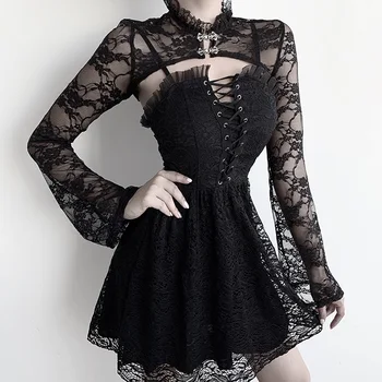 Vintage Flare Uzun Kollu Dantel Kadın Siyah Tişörtü Gotik Streetwear Parti Zarif Üstleri Seksi Kısa Steampunk Mahsul Ceket