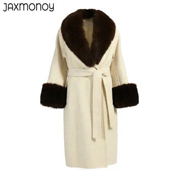 Jaxmonoy Kadınlar Kış Kaşmir Ceket 100 % Gerçek Tilki Kürk Yaka ve Manşetleri Moda Sıcak Uzun Siper Kemer Ince Katı Giyim Yeni