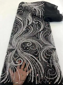 Son El Yapımı Sequins Dantel Kumaşlar Afrika Boncuklu Tüp İşlemeli Tül Lüks Taşlar ile Dikiş Kumaş Parti Elbise İçin