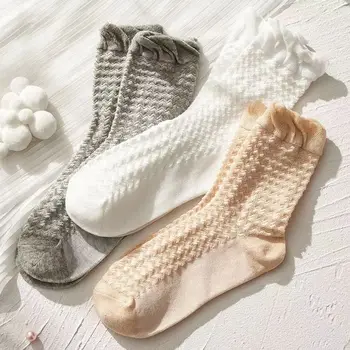 3 Pairs Bayan İlkbahar Yaz Ekip Çorap Dantel ve Gevşek Manşet Yumuşak Katı Renkler Nefes Moda Kadın Orta Tüp Rahat Çorap