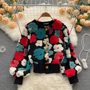 Koreli Kadın Hırka Ceketler Fransız Retro Üç Boyutlu Çiçek Mizaç İnce Tek Göğüslü Hırka