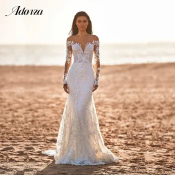Seksi Mermaid düğün elbisesi Kadınlar için 2023 V Yaka Dantel Aplike Kapalı omuz Uzun Kollu Illusion Tül Vestido De Novia