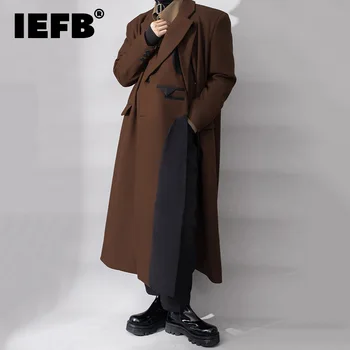 IEFB Highend Erkekler Yün Ceket Kore Tarzı Orta Uzunlukta Sahte Iki Parçalı Eklenmiş Tasarım Keçe Trençkot Pamuk Rüzgarlık 9C1269