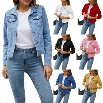 2023 Bahar Yeni kadın Kot Ceketler Kadın Rahat Uzun Kollu Yaka Düğmesi Aşağı Göğüs Cebi İnce Jean Ceket Şık Giyim