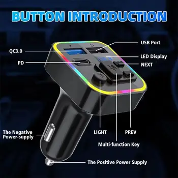 Araba Bluetooth 5.0 FM verici PD tipi-C çift USB modülatör şarj Handsfree çalar MP3 3.1 A ortam ışığı hızlı renkli X1C6