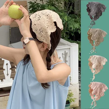 Yaz Hollow Out Örme Kafa Bandı Kadın Sevimli Saf Renk Üçgen Eşarp Tığ Çiçek Tatlı Bandana Vintage Moda Şapkalar