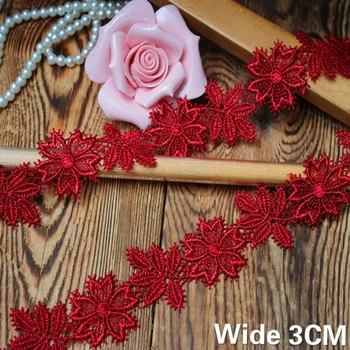 3 CM Genişliğinde Yeni Kırmızı Pamuk Işlemeli 3d Çiçekler Dantel Yaka Manşetleri Trim Fringe Şerit DIY Giyim Etekler Dikiş Gipür Dekorasyon