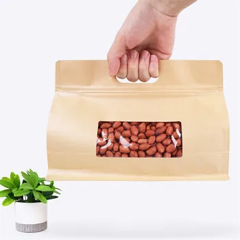 500 adet/grup Kraft Kağıt Sekizgen Kilitli Organ saplı çanta Pencere Ambalaj Kendinden kilitli torba Kurutulmuş Çay Ve Kurutulmuş Meyve Çantası