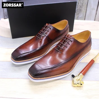 Erkek ayakkabısı Deri rahat tek ayakkabı İş İngiliz tarzı retro kahverengi düşük üst kalın tabanlı deri ayakkabı erkek el yapımı ayakkabı