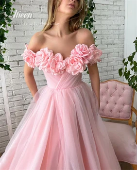 Aileen Pembe 3D Çiçekler Tül Uzun balo kıyafetleri Kapalı Omuz Aplikler A-Line Abiye giyim Örgün Parti Elbise 2023