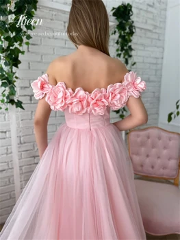 Aileen Pembe 3D Çiçekler Tül Uzun balo kıyafetleri Kapalı Omuz Aplikler A-Line Abiye giyim Örgün Parti Elbise 2023
