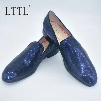Koyu Mavi Bling Pullu Erkek Ayakkabı Lüks Moda Glitter Loafer'lar Erkekler Elbise Ayakkabı El Yapımı Kayma Erkek Parti Ve Düğün Ayakkabı