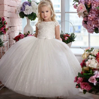 Çocuklar Düğün Çiçek Kız Elbise Kısa Kollu Scoop Dantel Pullu Tül İlk Communion Elbise Balo Puf Kız Pageant Elbise