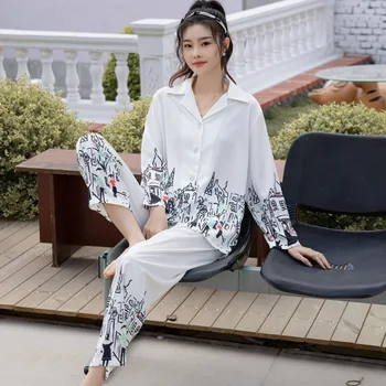 Kadın Pijama Yeni Buz İnce Uzun Kollu Flip Set Yapay İpek artı Boyutu Gecelik Dış Giyim