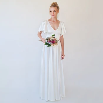 MisShow Seksi V Yaka Düğün Parti Elbise Kadın Saten Beyaz Uzun Balo Sabahlık Lotus Yaprağı Kollu Maxi Vestido