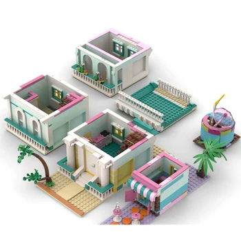 MOC Şehir Modüler Sokak Görünümü Plaj Evi Yapı Taşları Rüya Kale Tatil Evi Modeli Tuğla DIY çocuk oyuncağı doğum günü hediyesi