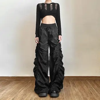 Koyu Gotik Tarzı Düz Renk Pilili pantolon Grunge Punk Merkezi Baharatlı Kızlar Gevşek Rahat Tam Boy Pantolon Streetwear Kadın Dipleri
