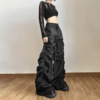 Koyu Gotik Tarzı Düz Renk Pilili pantolon Grunge Punk Merkezi Baharatlı Kızlar Gevşek Rahat Tam Boy Pantolon Streetwear Kadın Dipleri